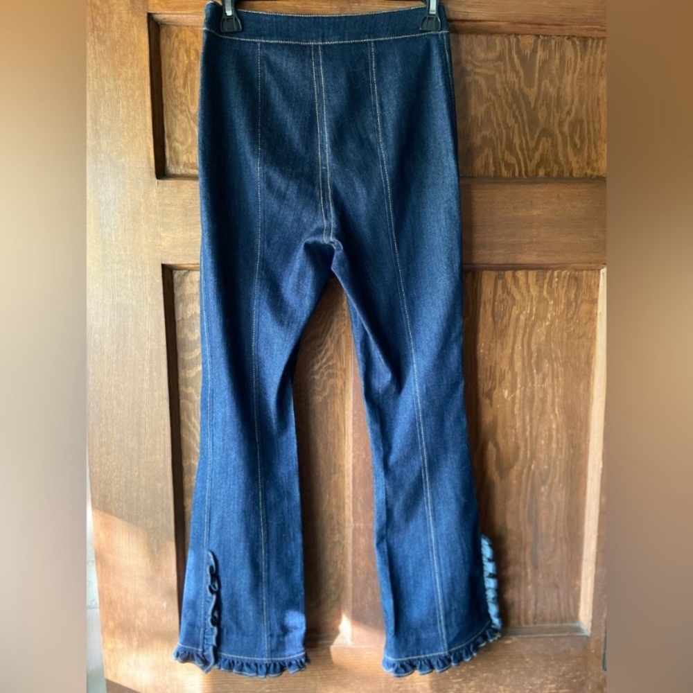 cinq a sept Navy Flare Jeans with Ruffle & Button Detail